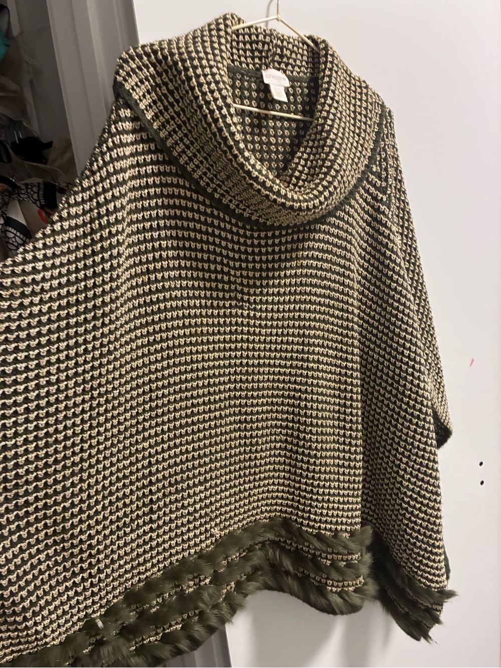 Cowl Neck Knit Poncho Sweater - Olive & Cream